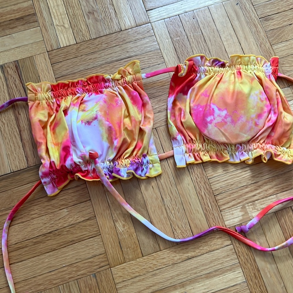 Scrunchie pink yellow tie dye bikini top
